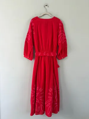 NWT Ciebon Eliza Embroidered Red Gauze Cotton A-Line Tropical Boho‎ Midi Dress thumbnail 4