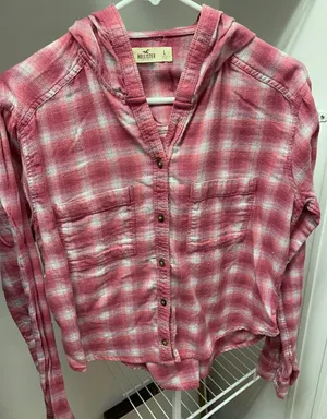 Hollister Pink and White Plaid Hooded Long Sleeve Shirt thumbnail 4