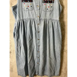 Vintage Chambray Denim Dress Embroidered Hearts Cottagecore Prairie Grandmacore‎ thumbnail 3