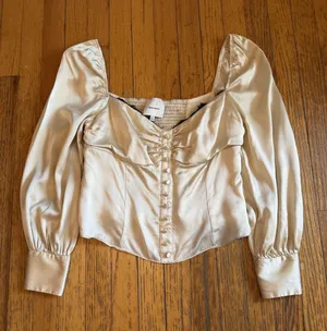 Reformation Womens Blouse sz 12 Beige Silk Puff Sleeve thumbnail 1