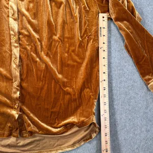 Jodifl Velvet Gathered Shoulder Blouse Women's Medium Golden Brown Button Front thumbnail 6
