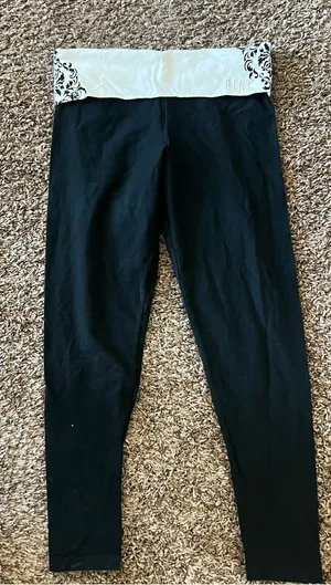 PINK Victoria's Secret Black Leggings with White Decorative Waistband thumbnail 1