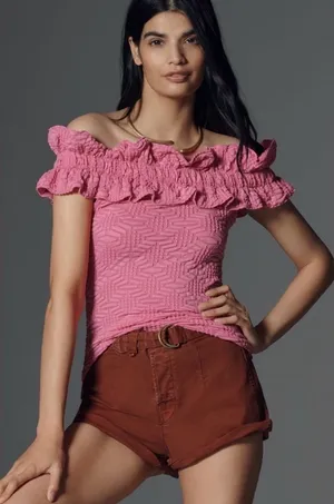 Maeve Textured One-Shoulder Ruffle Knit  in Pink thumbnail 1