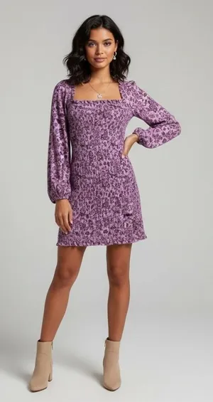 Free People Smock It To Me Shirred Mini Dress in Purple Multi Size Small thumbnail 1