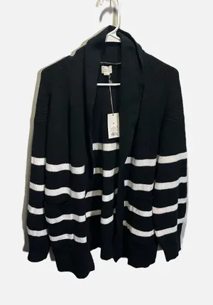 A‎ New Day Cardigan Women M Black Striped Shawl Collar Pockets Casual Nautical thumbnail 1