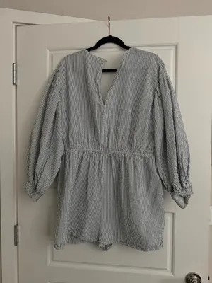 ASOS Blue & White Striped V-Neck Romper with Puff Sleeves thumbnail 2
