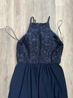 Morgan & Co Navy Lace Sequin Halter Maxi Gown Prom Evening Formal Dress Junior 7 thumbnail 8