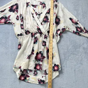 Free People Tuscan Dreams Floral Wrap Blouse BohoPeplum Tie Sleeve Top Cream‎ XS thumbnail 7