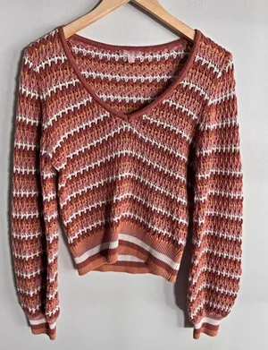 Boutique Boho Crochet Knit Sweater Large Rust Stripe Cotton V Neck thumbnail 1
