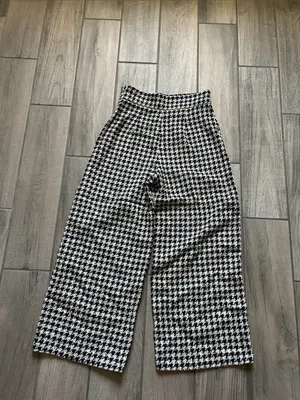 Zara Black & White Houndstooth Wide-Leg Pants thumbnail 3