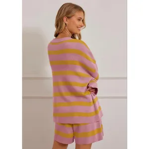 NEW 2 Pc Oversized Sweater Lounge Set Striped Long Sleeve Shorts L thumbnail 2