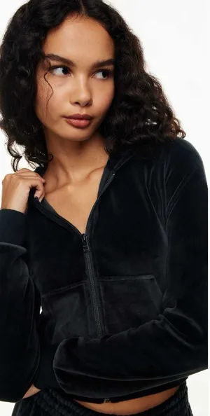 ARITZIA Tna Velour Black Zip Black Hoodie Sweatshirt Jacket thumbnail 1