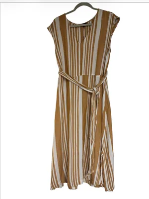 Ann Taylor Camel & White Striped Linen Blend Maxi Dress | Size Large | Belted thumbnail 2