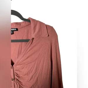 Steve Madden Ribbed Button Front Long Sleeve Top‎ Ruched Front Mauve Size M thumbnail 5