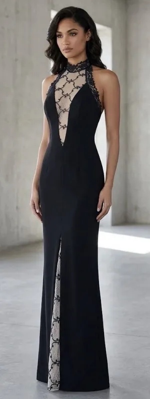 Janine VTG 90s Lace Illusion Bodycon gown black Evening Prom Y2K Size Small thumbnail 1