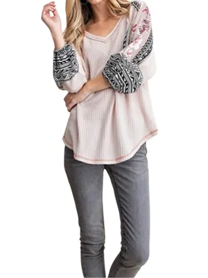 Kori Thermal Waffle Knit Mixed Print Tunic Top Blush Pink Size Large thumbnail 3