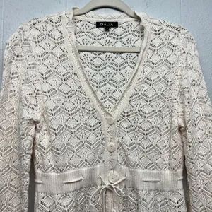 DALIA Pointelle Knit Tie Front Cotton Cardigan Sz Large Cottage Beachy Coastal thumbnail 4