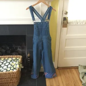 Vintage 90s Agapo Bib Capri Overalls Embroidered Flag - Sz Medium thumbnail 3