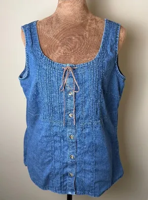 Vintage 90s Y2K Denim Tank Top Womens Large Faded Glory Prairie Cottage Boho thumbnail 1