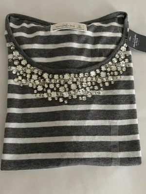 NWT Abercrombie & Fitch Grey & White Striped Crystal Embellished Top XS thumbnail 9
