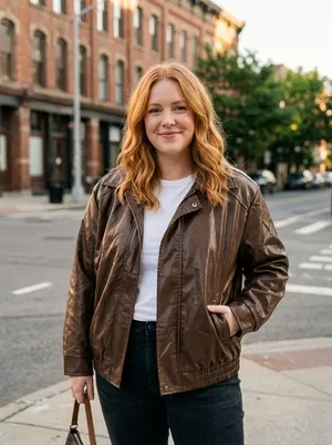 Brown Faux Leather Bomber Jacket Women’s Medium thumbnail 6