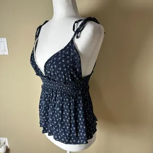SYSTEMACTION Navy Blue Print Lace Trim Peplum Top Size Medium thumbnail 3