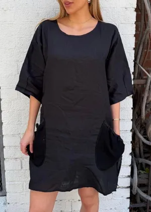 Free People Stefani boho black linen dress/ top with pockets sz s - cute summer dress or beach cover up thumbnail 1