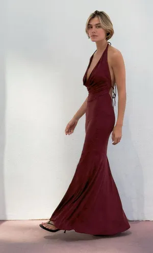 Zara Burgundy maxi Halter open back Dress wedding evening holiday party thumbnail 8
