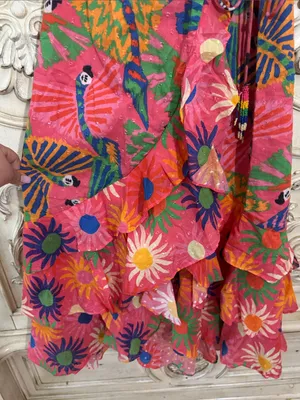 FARM Rio Coral Mixed Graphic Macaws Puff Sleeve Ruffle Hem Midi Wrap Dress XS thumbnail 8
