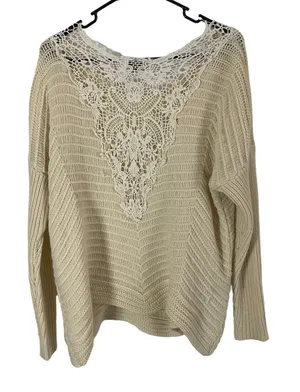 Pollux Size Medium Cream‎ Cottage Boho Floral Lace Back Crochet Sweater thumbnail 1