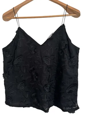 Ophelia Roe Black Floral Embroidery Appliqué Spaghetti Strap Tank Top/Camisole M thumbnail 1
