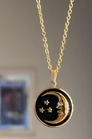 Handmade gold tone stainless steel & black enamel celestial whimsical vintage style necklace🌟 thumbnail 1