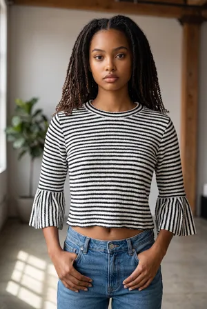 Urban Romantics Black White Striped Bell Cuff Crop Knit Sweater Boho S Trendy thumbnail 1
