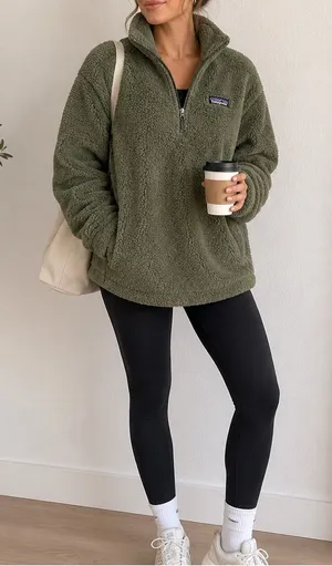 Patagonia Olive Green Teddy Fleece Pullover Quarter Zip Oversized Sweater XS‎ thumbnail 1