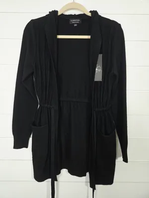 S. Christina Cashmere Black Hooded Open Front Cardigan Sweater S/M thumbnail 2
