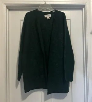 Women's Open Knit Long Cardigan Sweater Embroidered Size Medium Dark Green Wool thumbnail 1