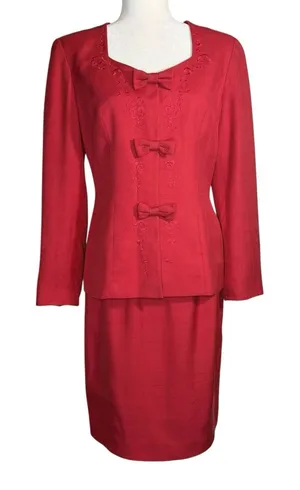 Vintage 90s Liz Claiborne 100% Silk Red Skirt Suit Set Bow Embroidery Size 6‎ thumbnail 1