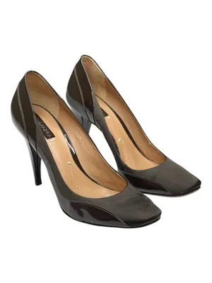 BCBG MaxAzria 𑁍 Shiny Patent Leather + Satin Pumps Carved Heels 𑁍 Cocoa 8.5 𑁍 thumbnail 9