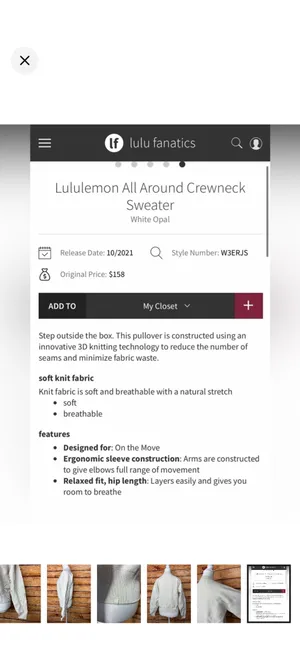 Lululemon All Around Crewneck Sweater White Opal Like New Size 8. Size tag missing- use measurements. Stretchy structured material. See pics for more info. Style W3ERJS 19.5-20.5” bust thumbnail 11