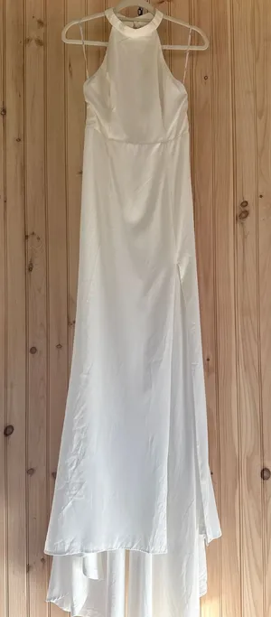 NWT Lulus Radiant Adoration White Satin Lace Backless Halter Maxi Dress Bridal M thumbnail 1