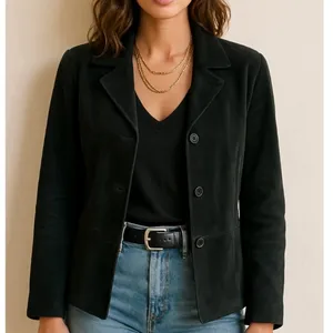 Y2K Black Suede Leather Jacket Oversized French Chic XL thumbnail 3