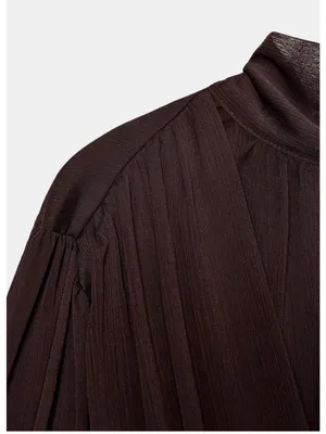 Zara NWT draped High-Neck Long-Sleeve mesh Blouse top Brown thumbnail 11