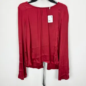Free People Arabella Blouse Rubies Red Satin Long Sleeve Bow Back Medium NWT thumbnail 2