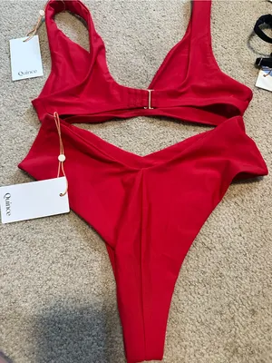 NWT Quince Plunging V cut bikini set cherry red small thumbnail 4