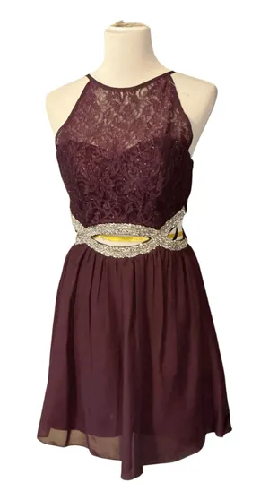 Windsor Burgundy Glitter Lace Cutout Mini Dress Rhinestone Waist Size 3 thumbnail 2