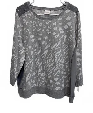 Chico's Collection Jacquard Print Gray Sweatshirt Studded Shoulders 3 (Size XL) thumbnail 1