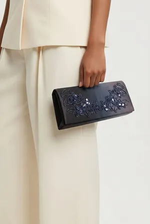 La Regale Blue Iridescent Beaded Satin Evening Clutch Bag with Chain thumbnail 2