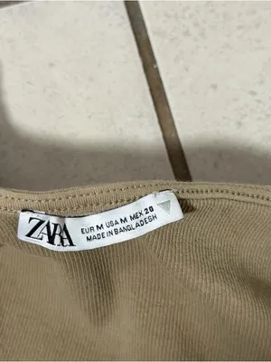 Zara Women‎ Tan Beige Ribbed Asymmetrical One-Shoulder Long Sleeve Crop Top M thumbnail 4
