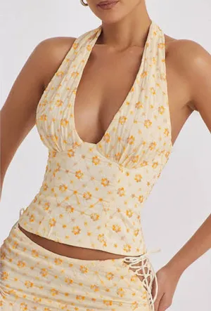 MISTRESS ROCKS Floral Embroidered Halter Top in Yellow Size Small thumbnail 1