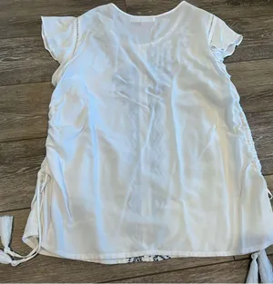 White Ruffle Scrunch Side Tie Tank Blouse Top Embroidered thumbnail 4